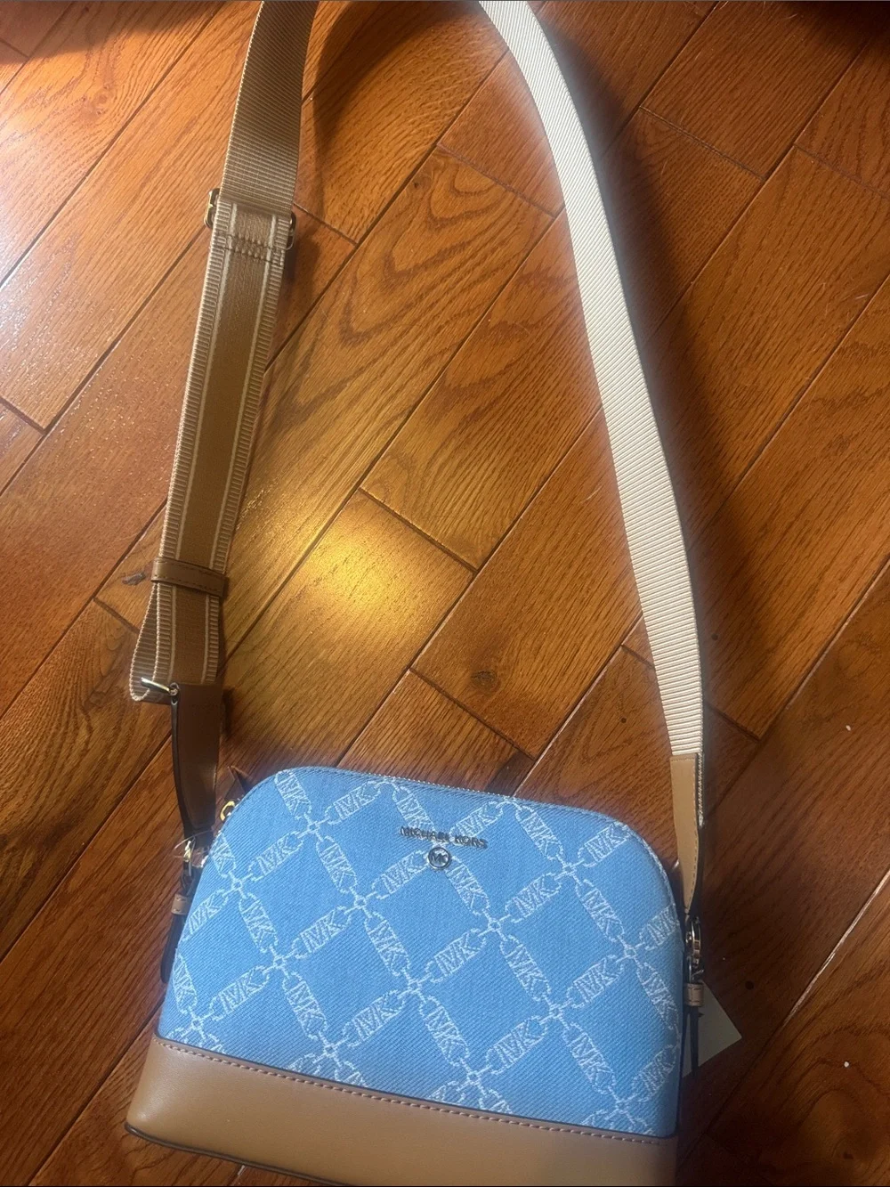 Michael Kors Blue Denim Logo Crossbody with Cream Base and Gold Accents